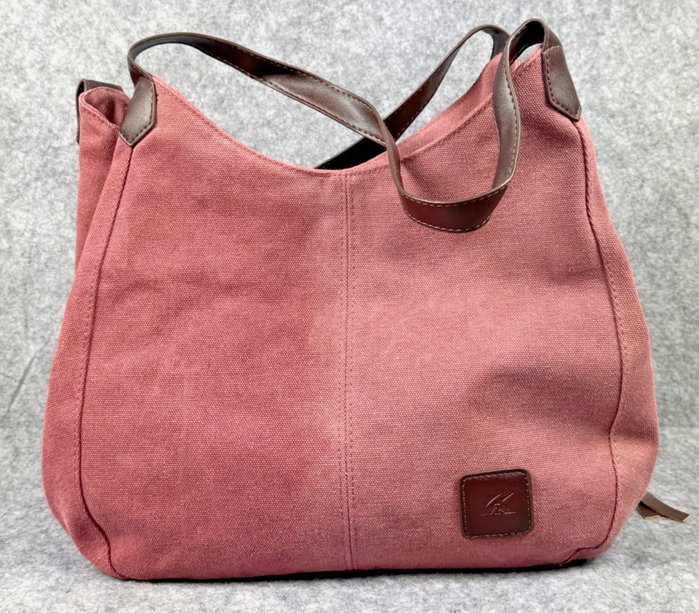 K2 Shoulder Hobo Travel Bag Plum Canvas Snap Zip Closure Lined Double Handle